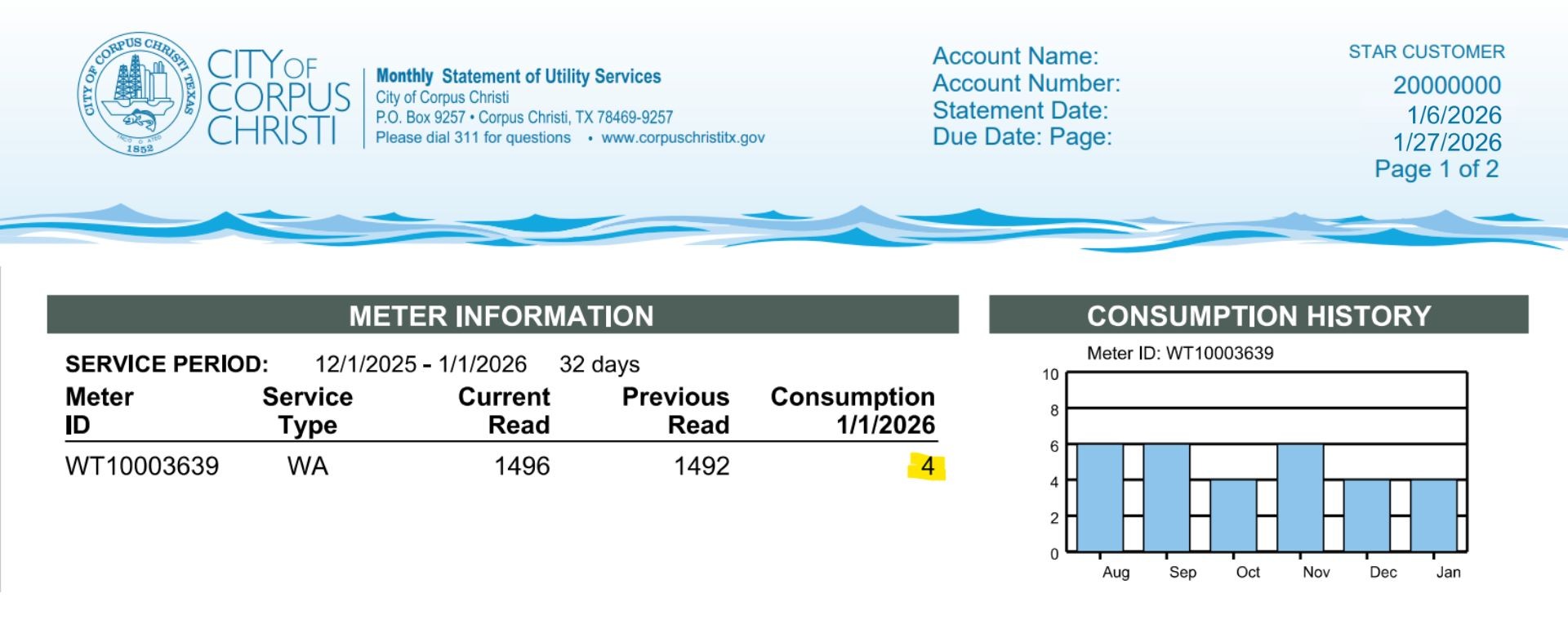 Example bill page showing Consumption under Meter Information